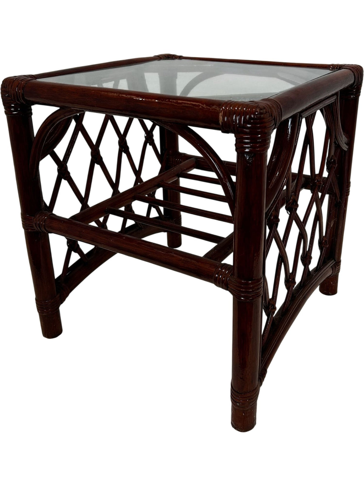 Rattan Wicker Glass Top Side Table with Lower Shelf (Pre-Loved)