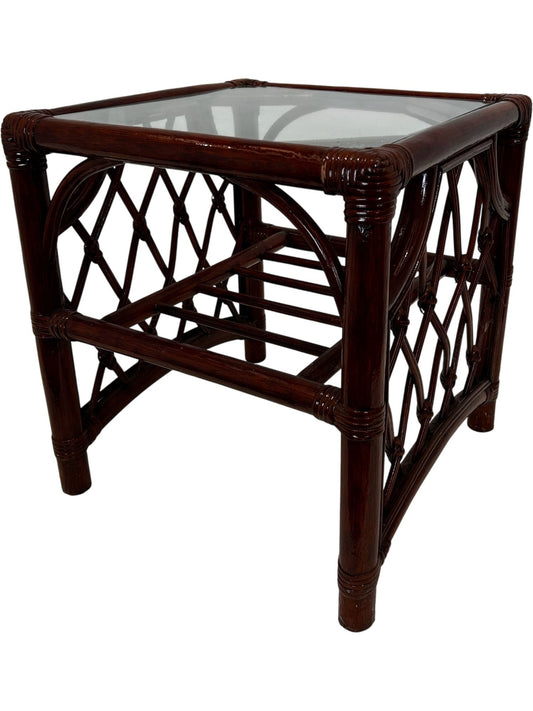 Rattan Wicker Glass Top Side Table with Lower Shelf (Pre-Loved)