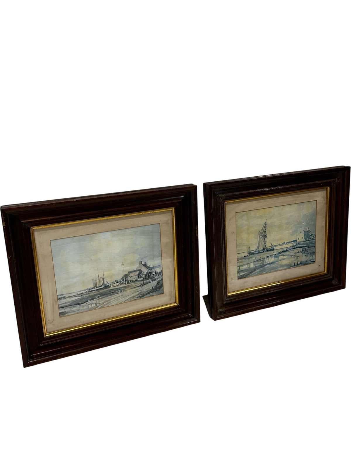 Pair Vintage Style Framed Maritime Coastal Sailing Boat Art Prints (Pre-Loved)
