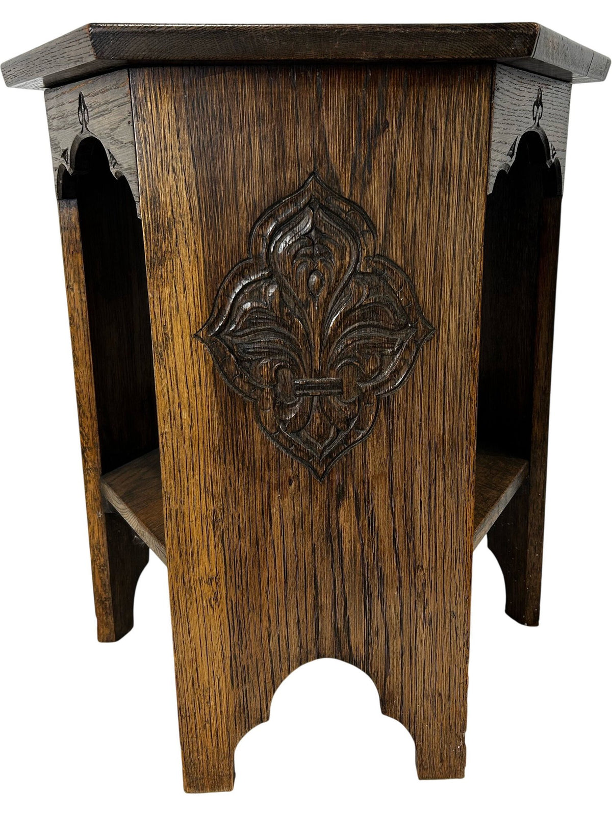 Hexagonal Carved Wooden Side Table with Lower Shelf Dark Oak Style (Pre-Loved)