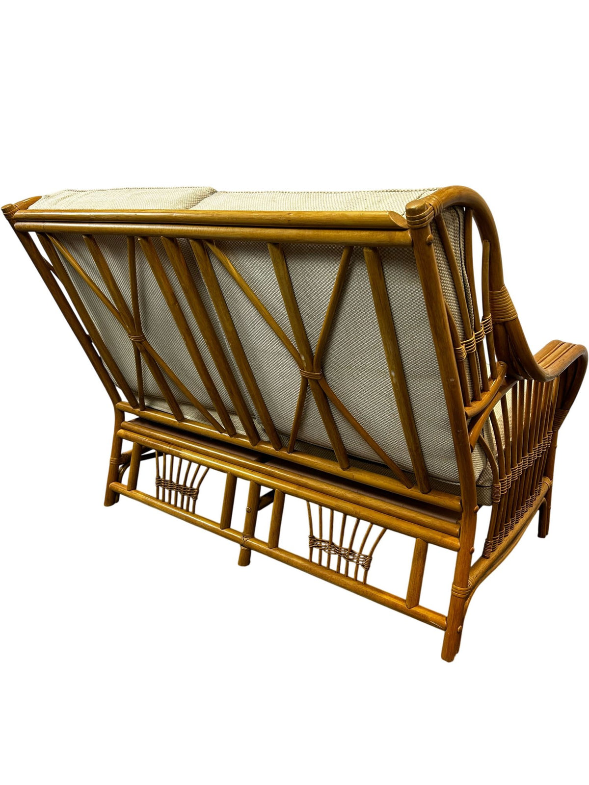 Rattan Two-Seater Conservatory Sofa with Beige Cushions Wicker Frame (Pre-Loved)
