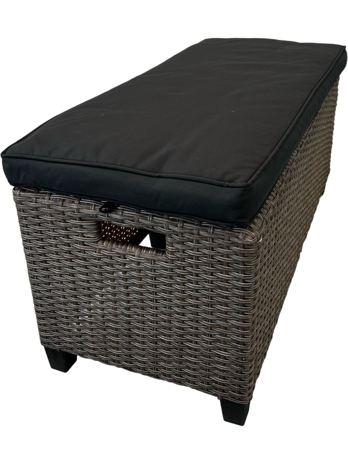 Outdoor Rattan Effect Storage Bench Ottoman Black Cushion Garden (Pre-Loved)
