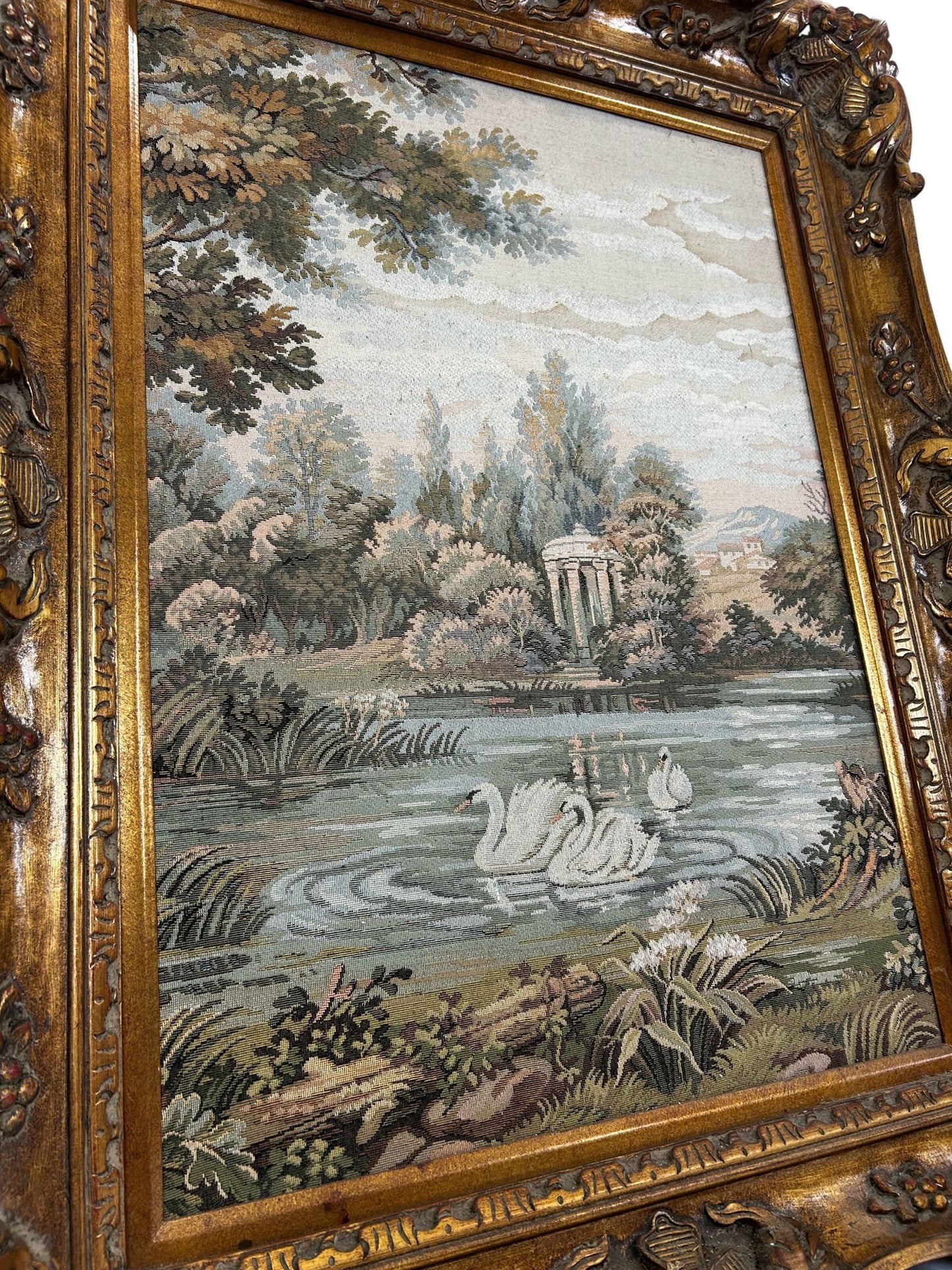 Vintage Swan Landscape Tapestry in Ornate Frame (Pre-Loved)