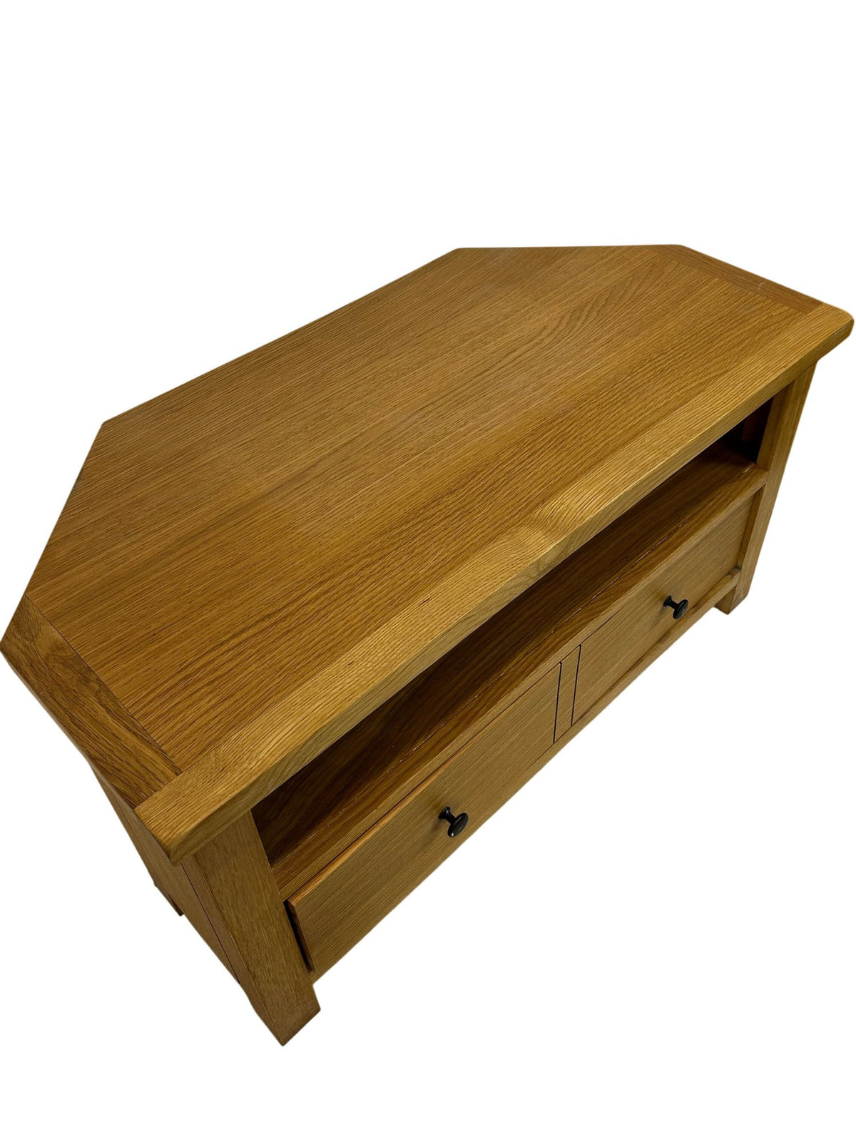 Oak Effect Corner TV Stand Media Unit Drawer Open Shelf Storage (Pre-Loved)
