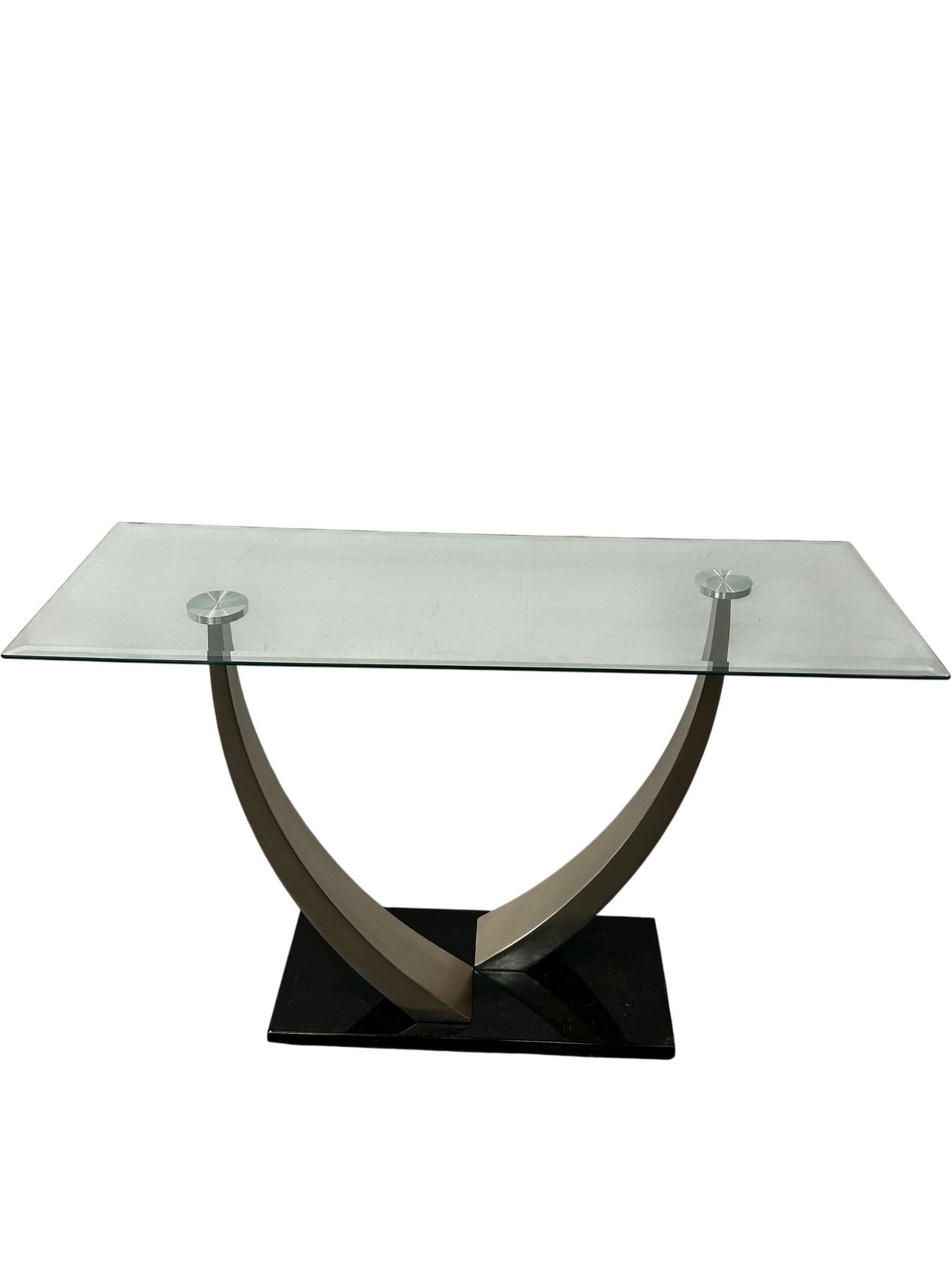 Glass Coffee Table Curved Metal Base Black Plinth Modern Living Room (Pre-Loved)