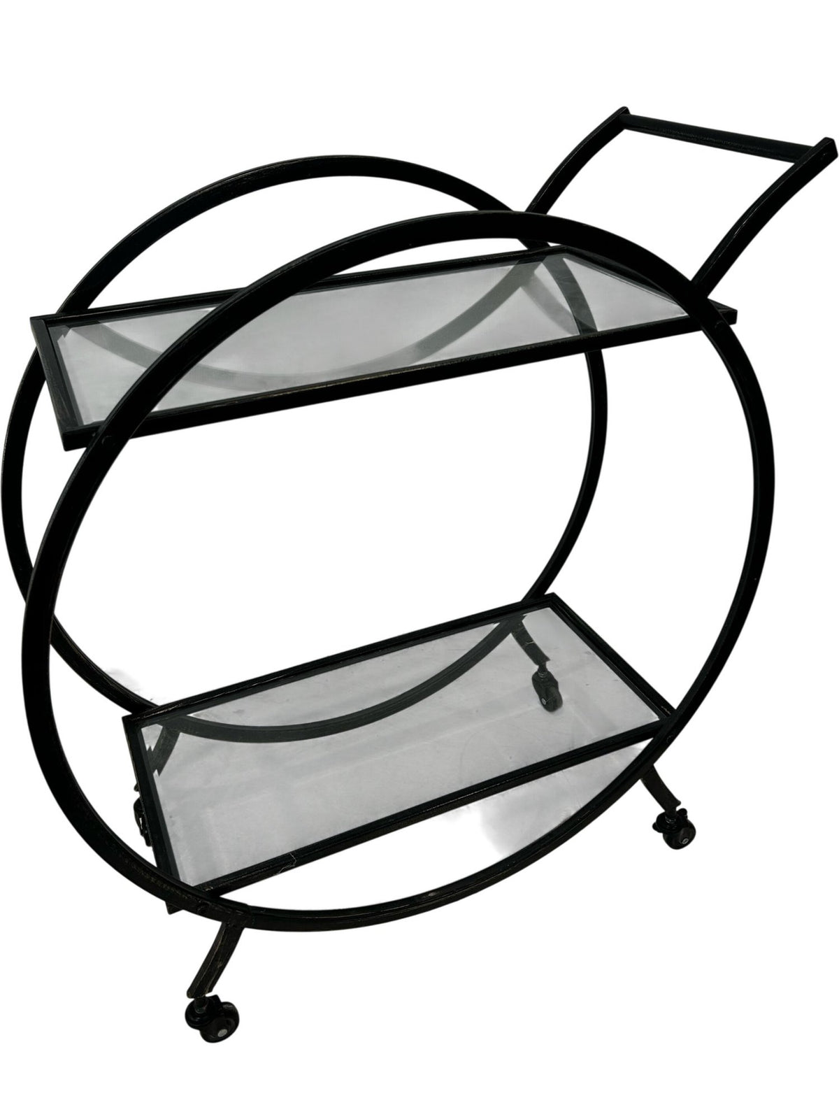 Black Metal Drinks Trolley Bar Cart 2 Glass Shelves Round Frame (Pre-Loved)