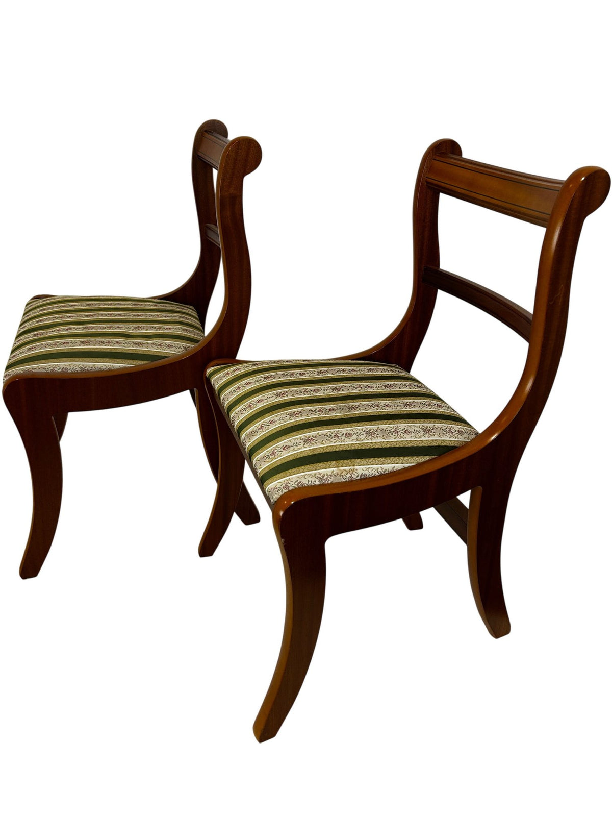 Pair Vintage Style Wooden Dining Chairs Striped Upholstered Seats (Pre-Loved)