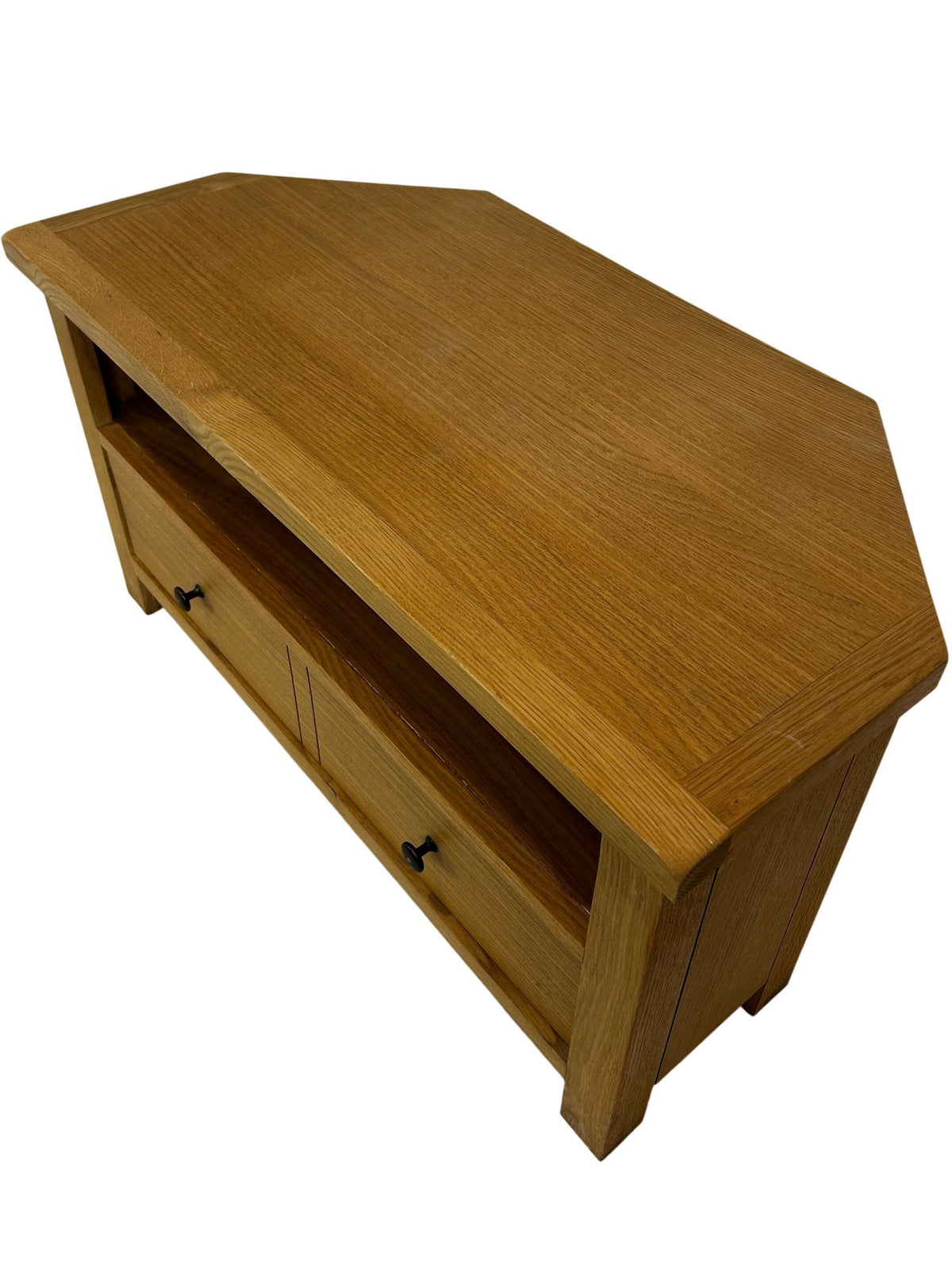 Oak Effect Corner TV Stand Media Unit Drawer Open Shelf Storage (Pre-Loved)