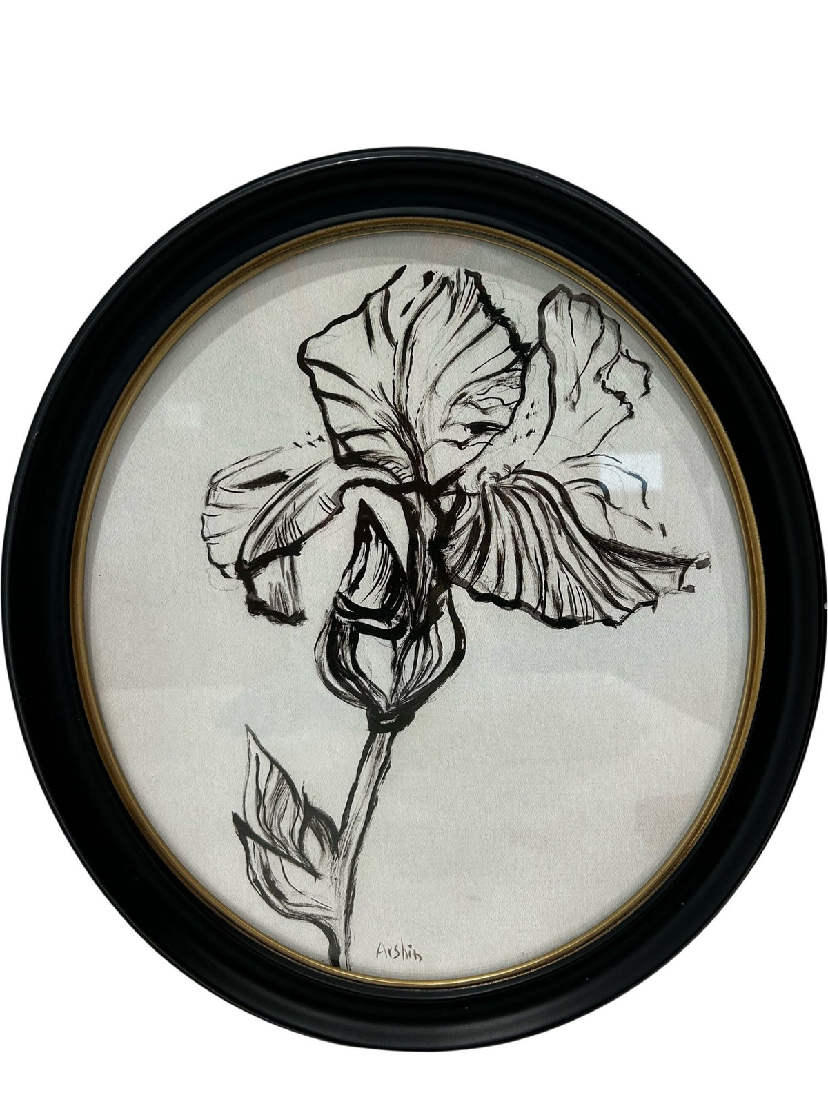 Oval Botanical Floral Framed Wall Art Black White Glass Decor (Pre-Loved)