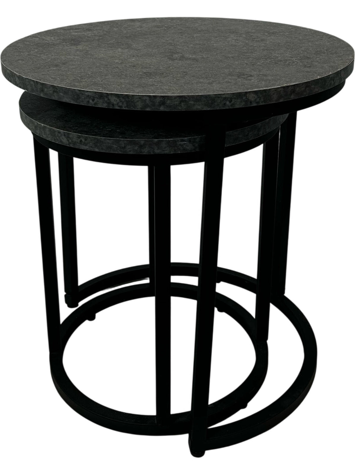 Set of 2 Round Nesting Side Tables Black Metal Frame Grey Tops (Pre-loved)