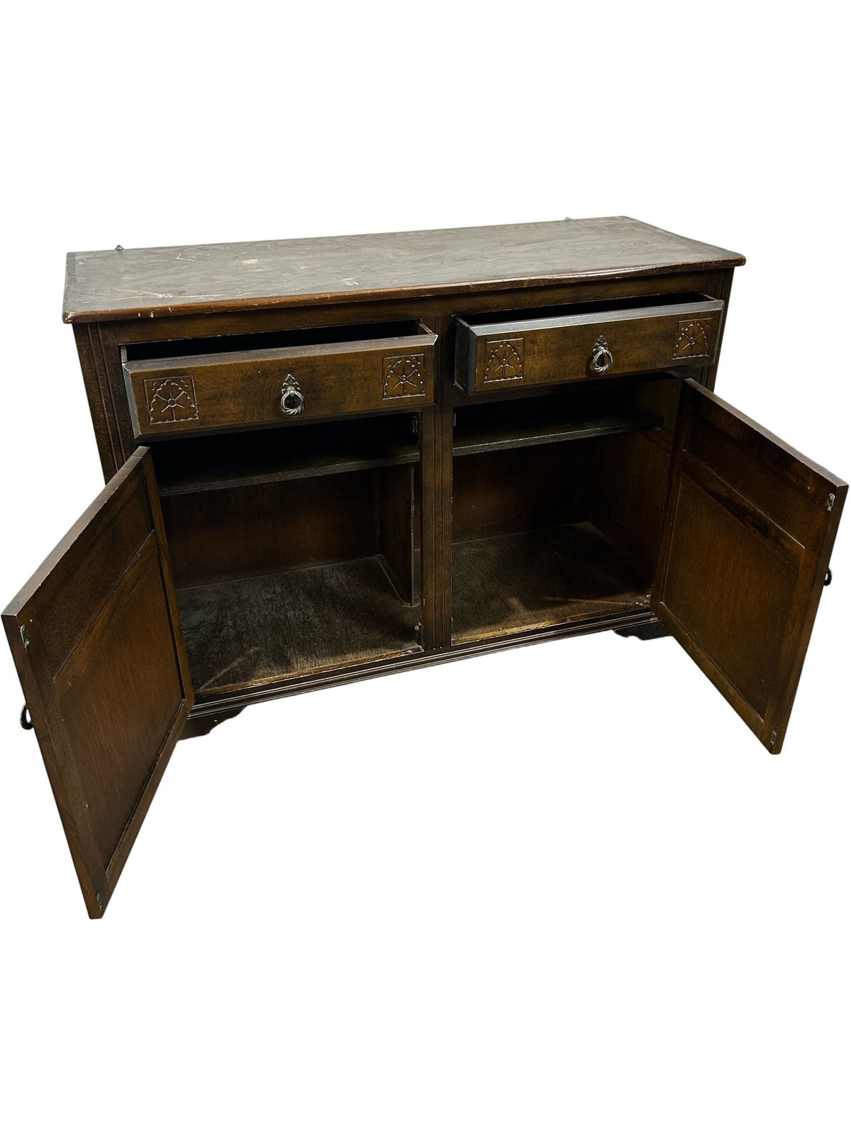 Dark Wood Sideboard with 2 Drawers 2 Door Cupboard Carved Detail (Pre-Loved)