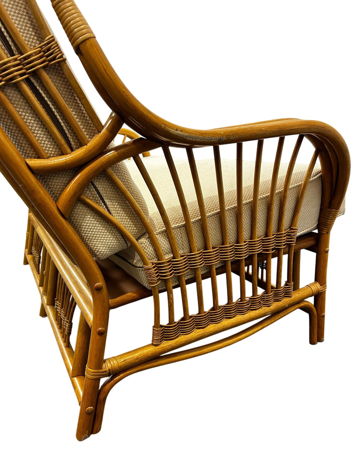 Rattan Two-Seater Conservatory Sofa with Beige Cushions Wicker Frame (Pre-Loved)