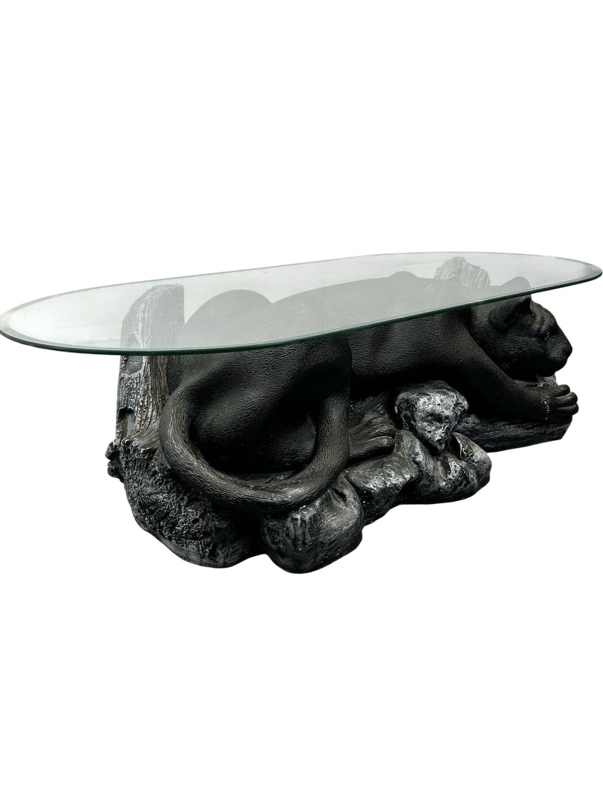 Panther Coffee Table Glass Top Black Big Cat Sculptural Base (Pre-Loved)