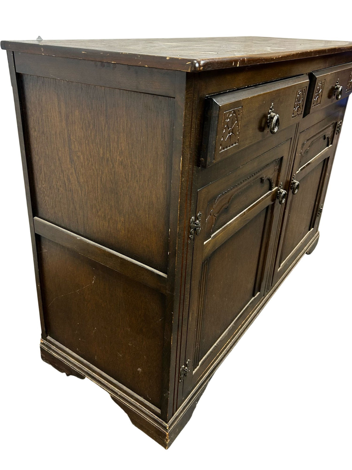 Dark Wood Sideboard with 2 Drawers 2 Door Cupboard Carved Detail (Pre-Loved)