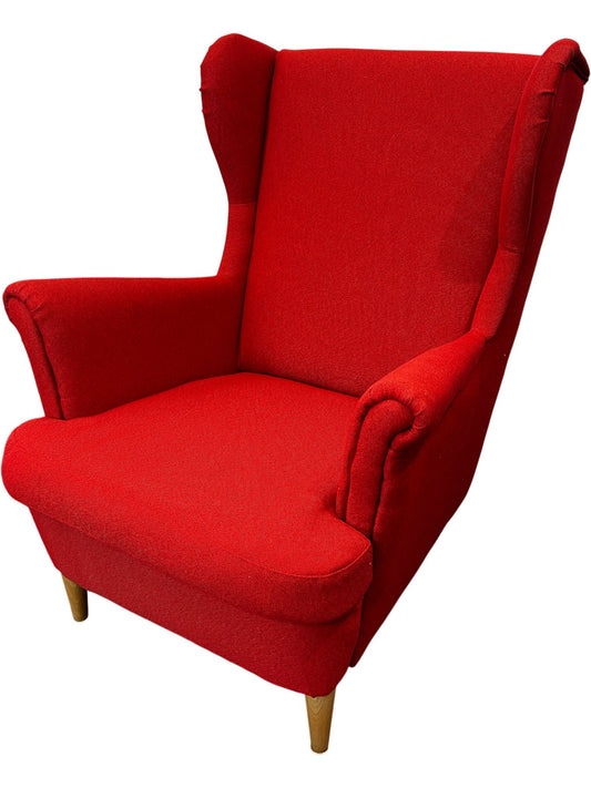 Reupholstered Red Wingback Armchair Fabric Wooden Legs Accent Chair (Pre-Loved)