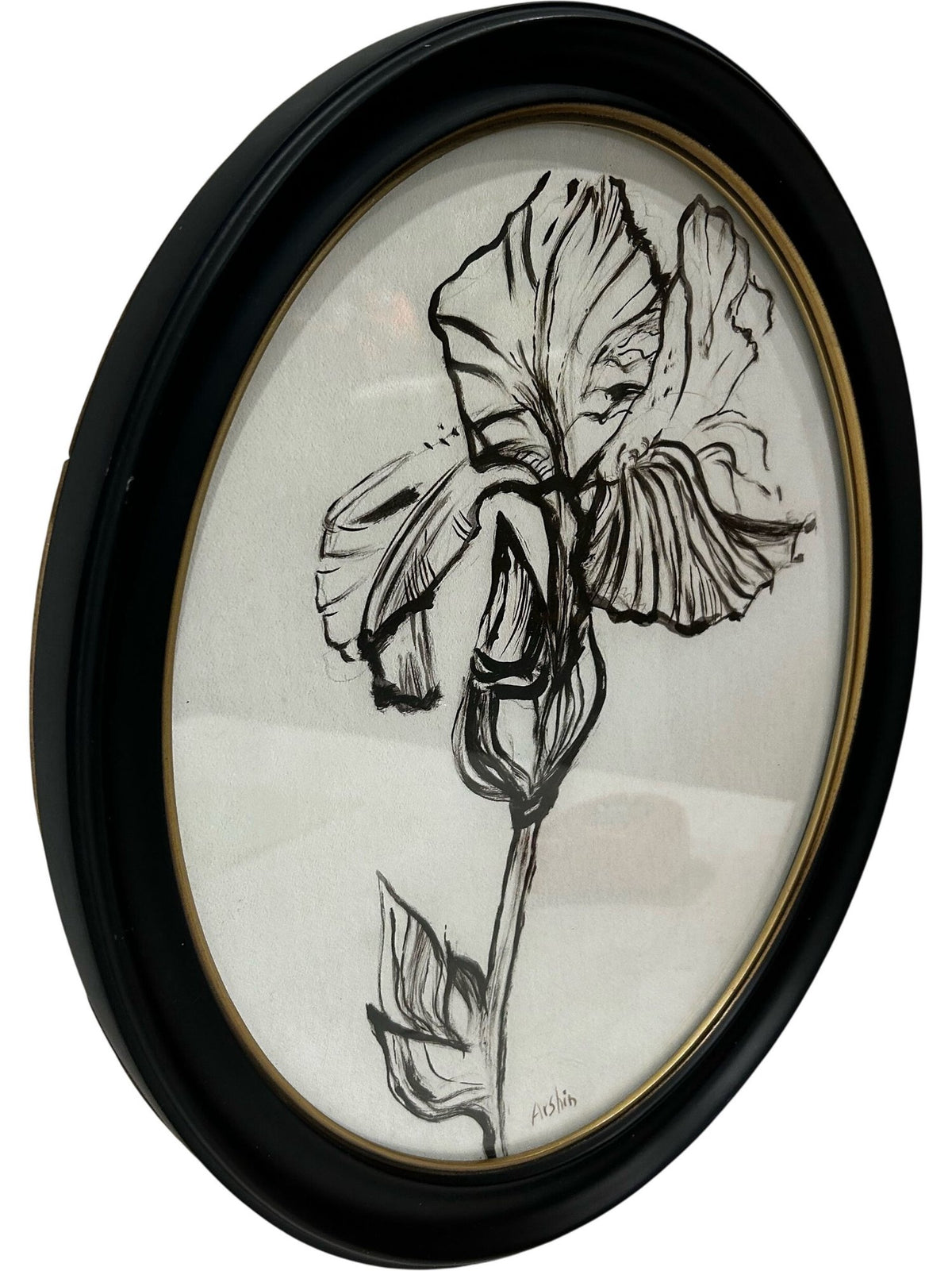 Oval Botanical Floral Framed Wall Art Black White Glass Decor (Pre-Loved)