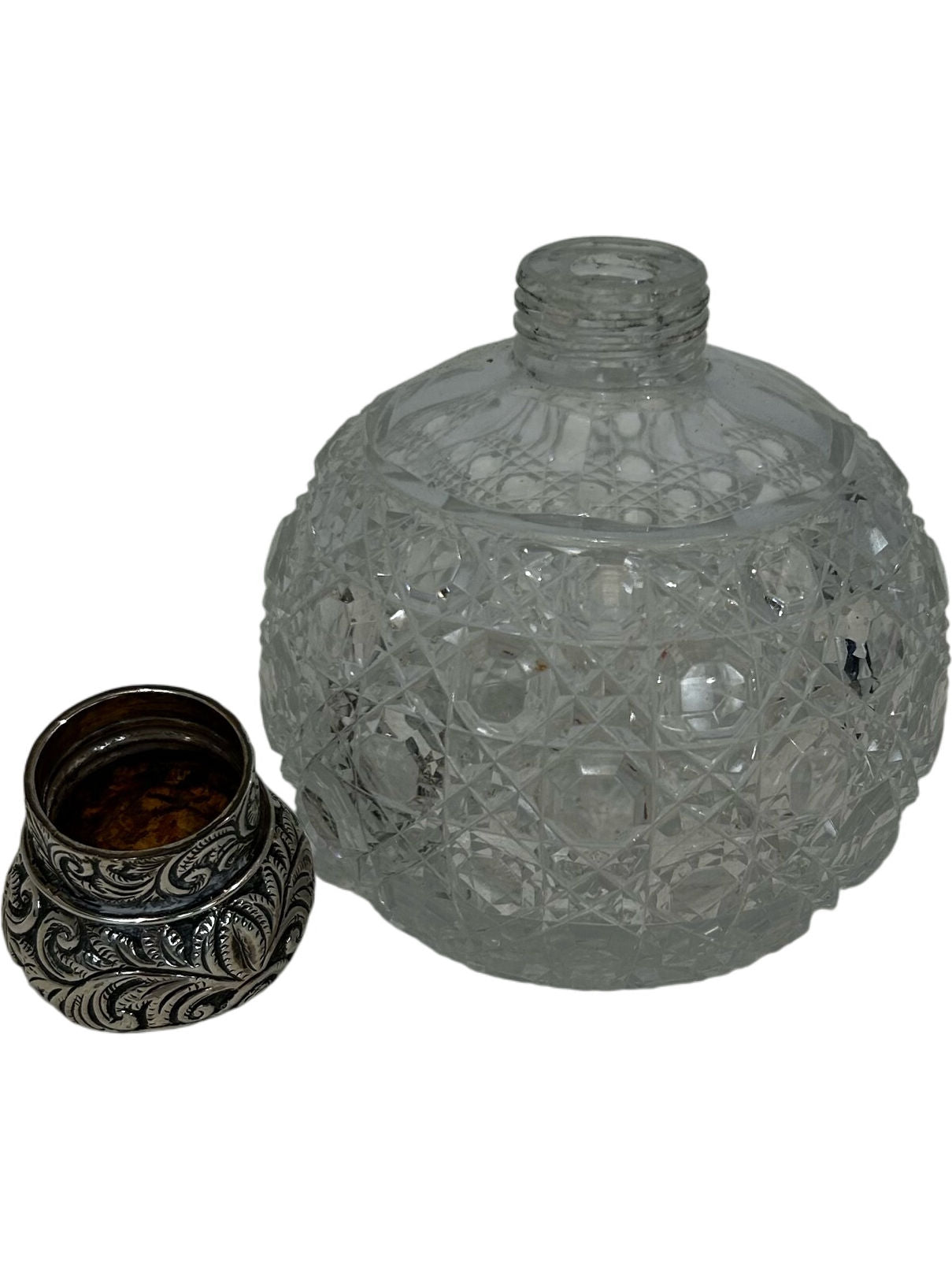 Ornate Cut Glass Perfume Bottle with Decorative Silver-Tone Cap (Pre-Loved)