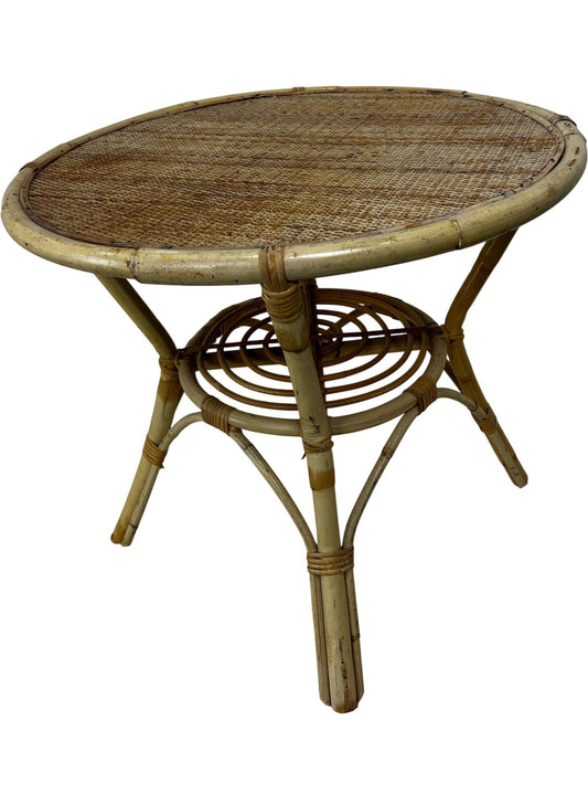 Vintage Rattan Wicker Round Side Table Boho Conservatory 60cm (Pre-Loved)