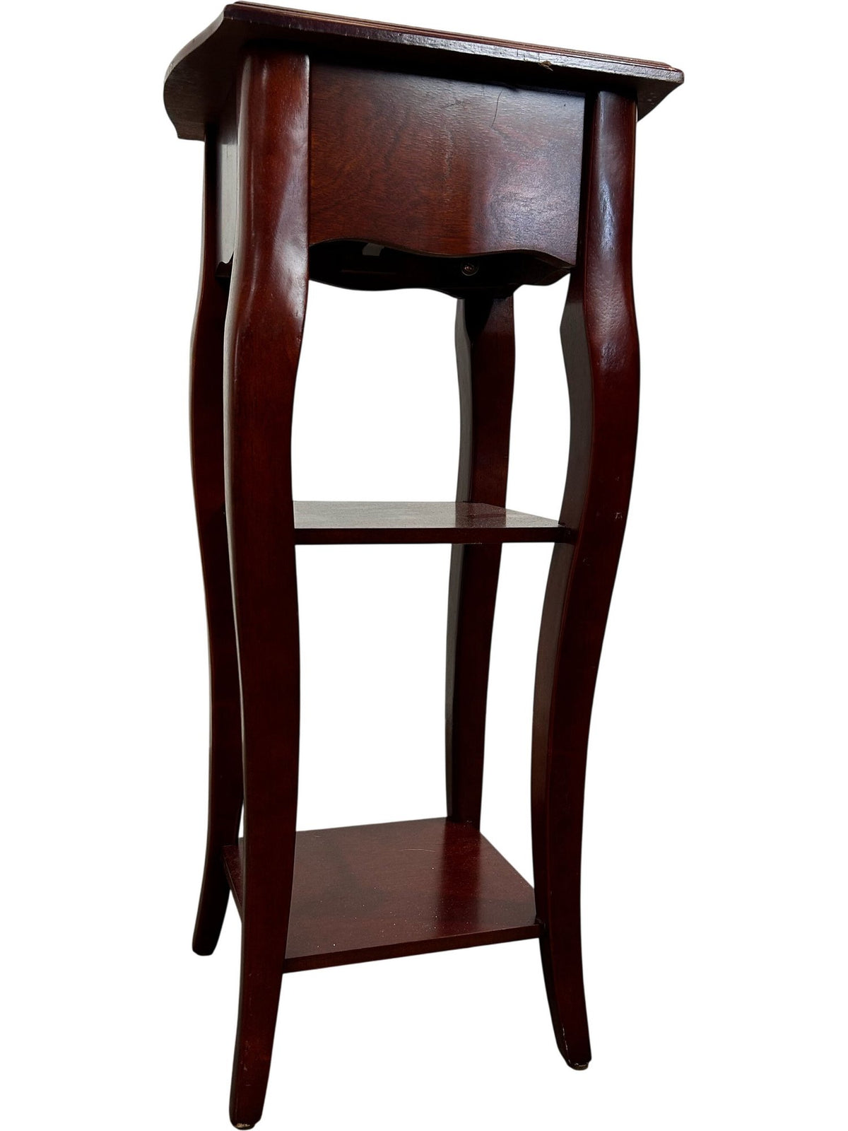 Tall Wooden Side Table Floral Drawer 2 Shelves Mahogany Finish (Pre-Loved)