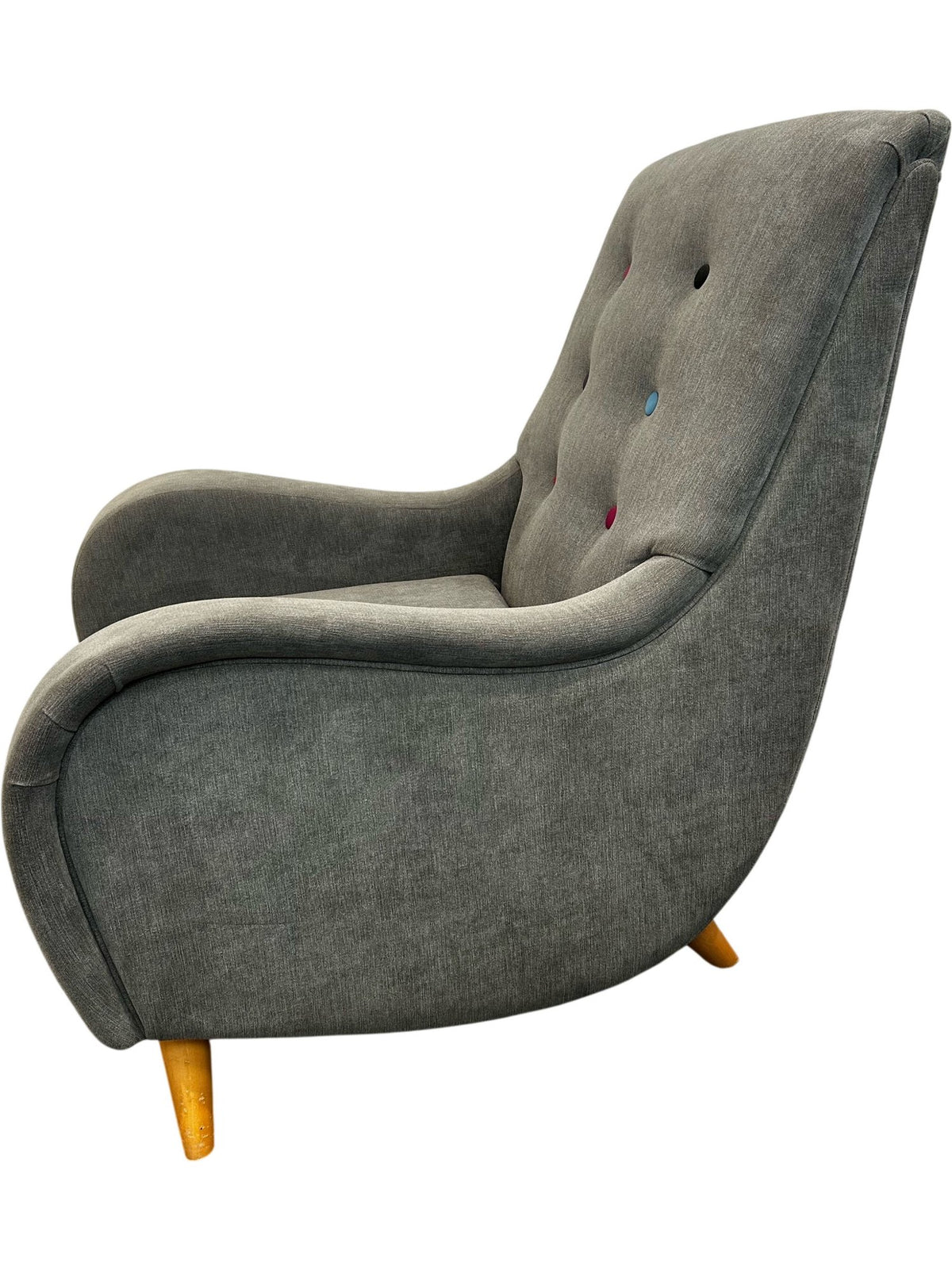 Grey Upholstered Accent Armchair Multicoloured Buttons Wooden Legs (Pre-Loved)