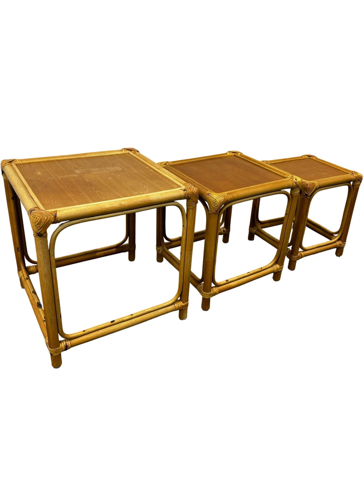 Rattan Nest of 3 Square Side Tables Natural Boho Wicker Style (Pre-Loved)