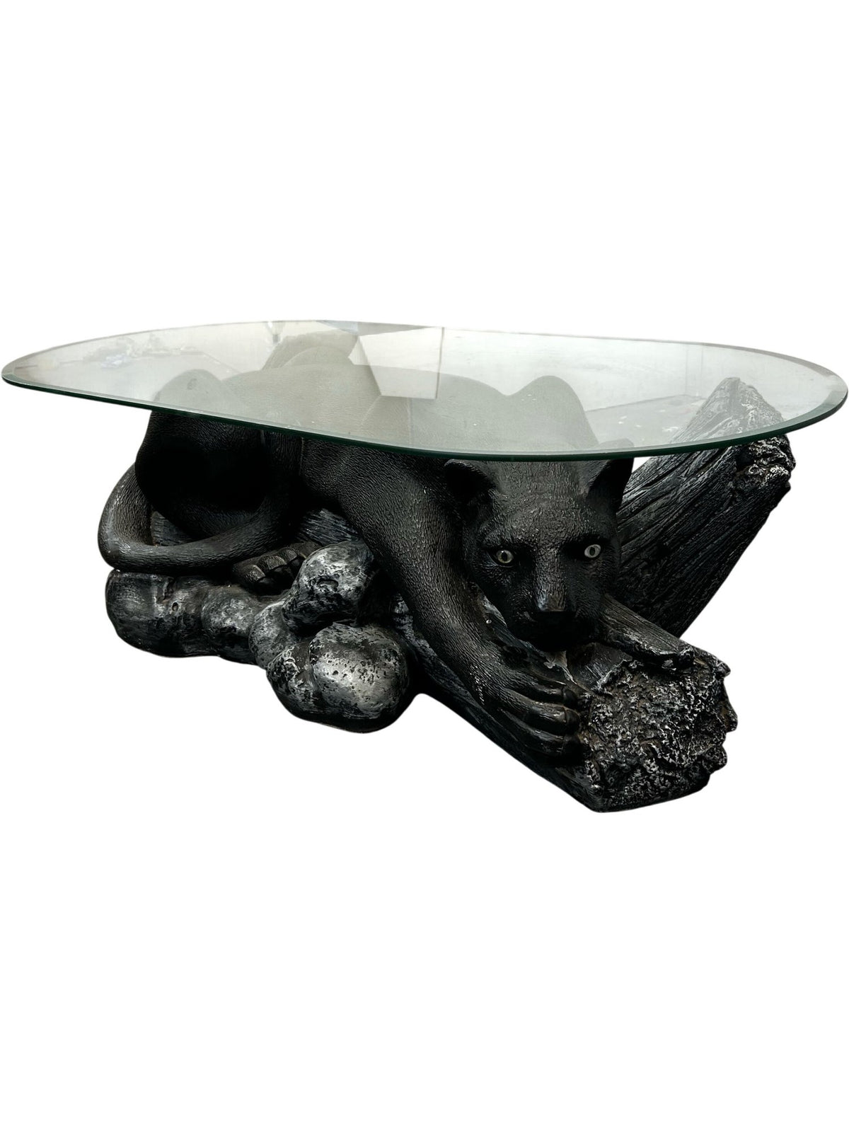 Panther Coffee Table Glass Top Black Big Cat Sculptural Base (Pre-Loved)