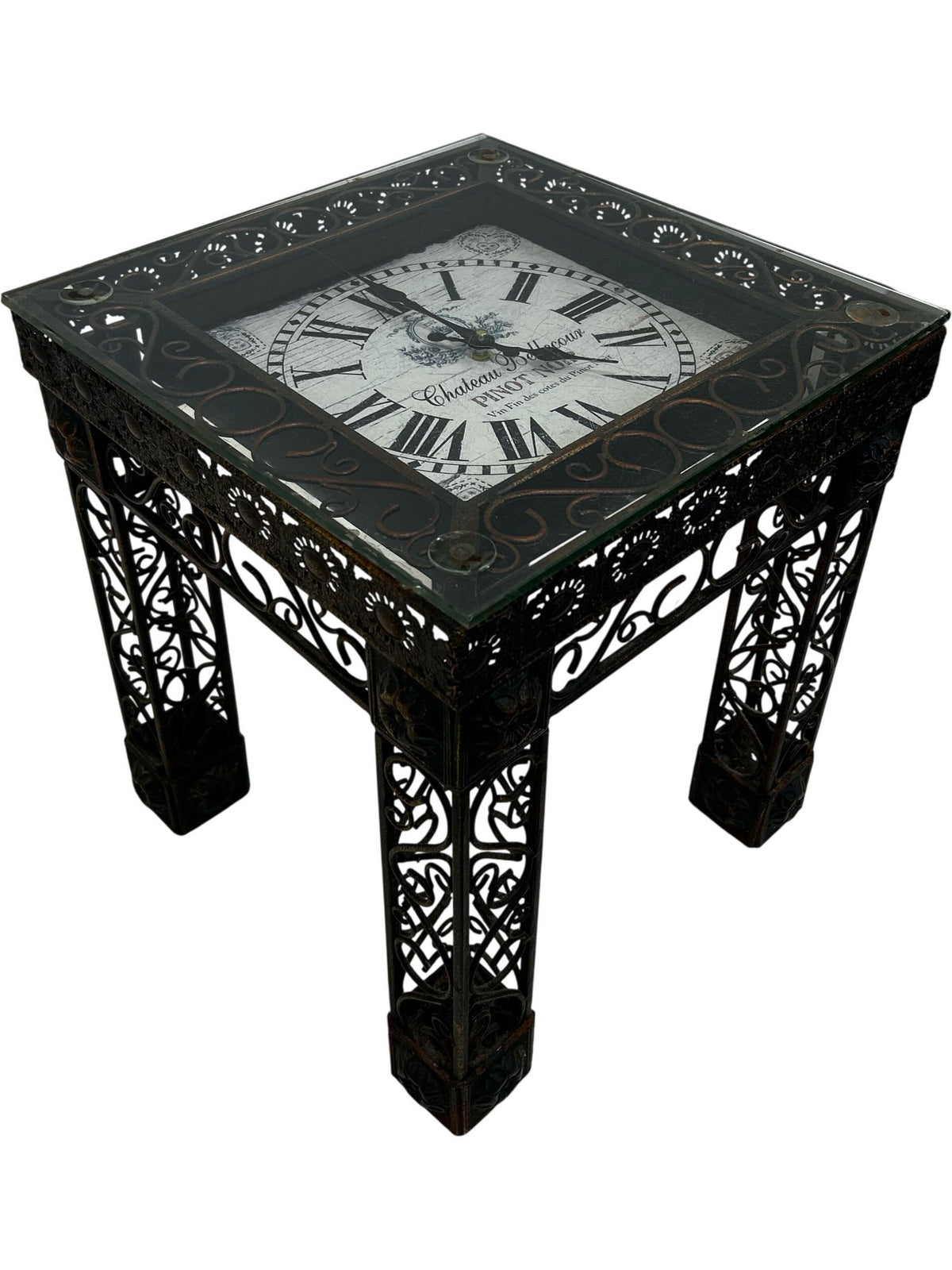 Vintage Style Metal & Glass Side Table with Clock Top Roman Numerals (Pre-Loved)