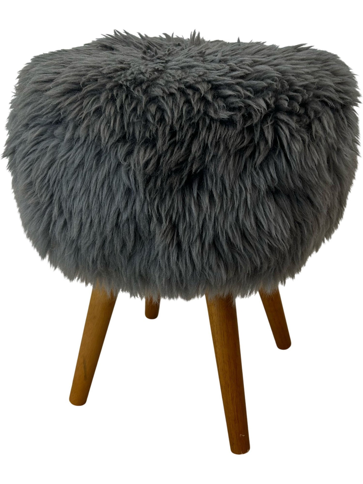 Grey Faux Fur Round Footstool Ottoman Wooden Legs Bedroom Stool (Pre-Loved)