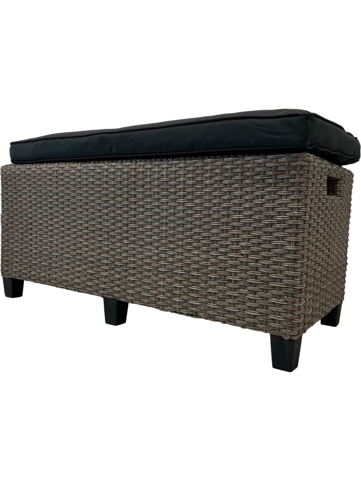Outdoor Rattan Effect Storage Bench Ottoman Black Cushion Garden (Pre-Loved)