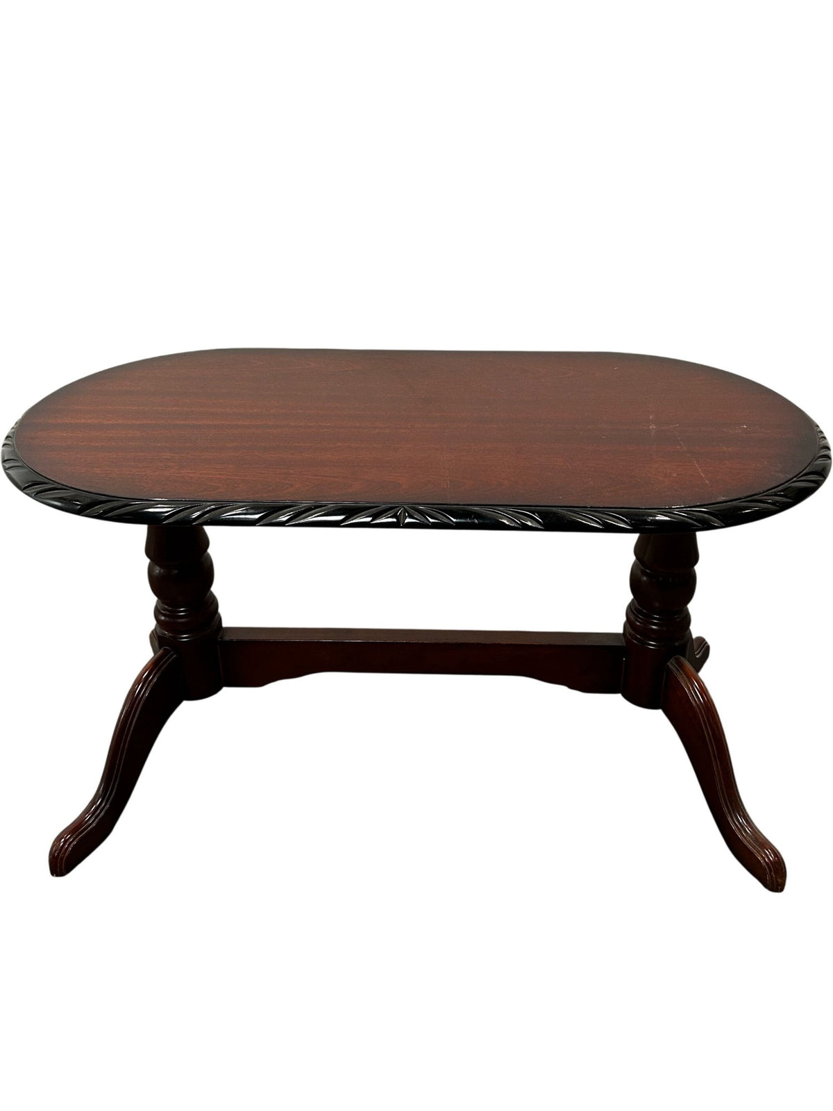 Vintage Oval Coffee Table Carved Edge Pedestal Base Mahogany Style (Pre-Loved)