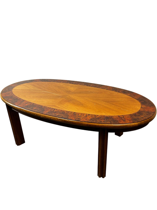 Large Oval Coffee Table Marquetry Inlay Burl Wood Style 153cm (Pre-Loved)