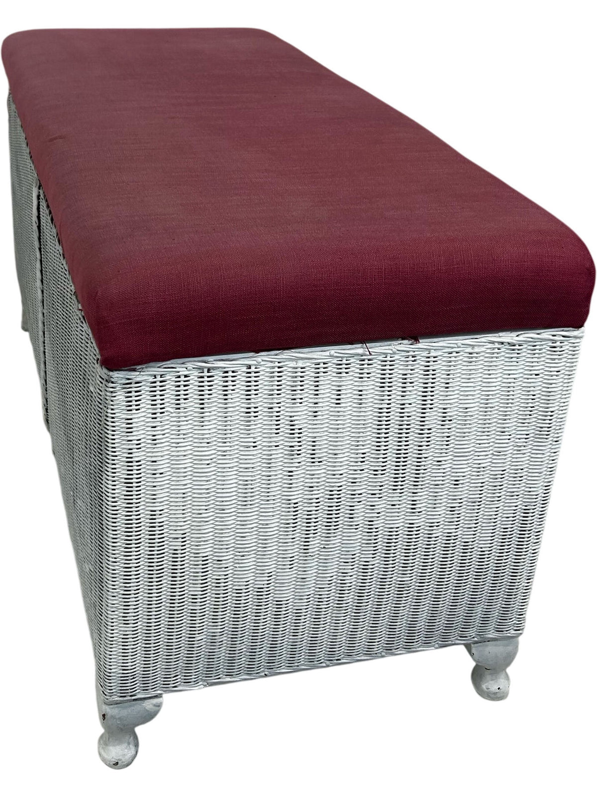 White Wicker Storage Bench Lift Up Burgundy Cushion Ottoman (Pre-Loved)