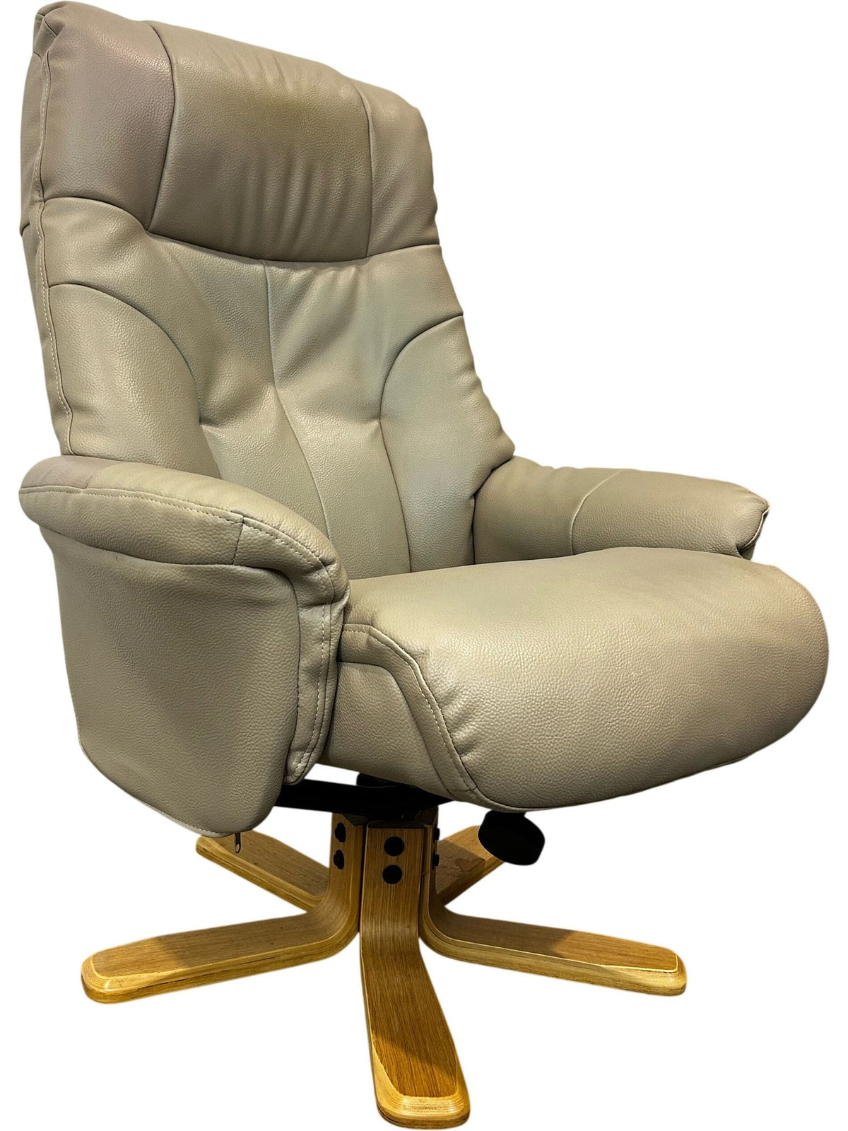 Beige High Back Swivel Recliner Armchair with Wooden Base (Pre-Loved)